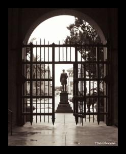 The statue of Henry Morrison Flagler looks out out from the main entrance of Flagler College in St. Augustine. Flagler was an American industrialist and a founder of Standard Oil. He was also a key figure in the development of the Atlantic coast of Florida and founder of what became the Florida East Coast Railway. He is known as the father of both Miami and Palm Beach, Florida.